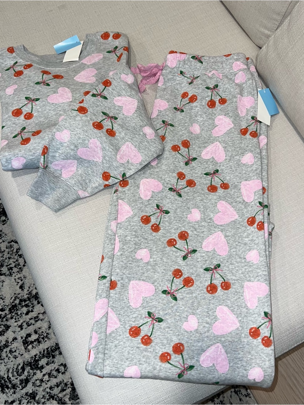 Zoe + Liv Gray sweatsuit  Set with Pink Hearts & Red Cherries Size L/XL